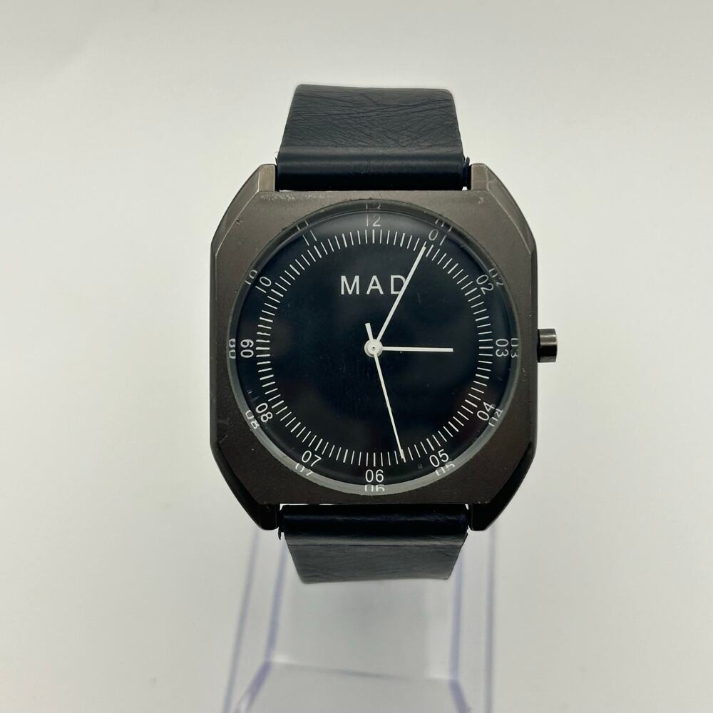 MAD Black Dial and Leather Metallic Gray Case Watch Working New Battery